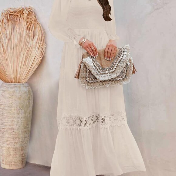 Elegant Women’s Long Sleeve Flowy A-Line Lace Trim Maxi Dress - Small Size - Picture 7 of 8